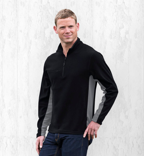 A black jumper with grey panels, featuring a quarter-zip neck and a small pocket on the chest.
