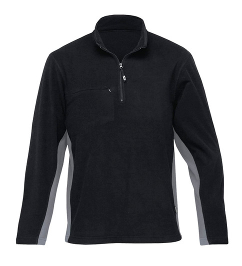 A black jumper with grey side panels and a zip collar, featuring a small pocket on the front. It includes a logo.