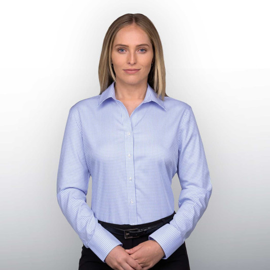 A button-up women's shirt in light blue with a check pattern, featuring a collar and long sleeves.