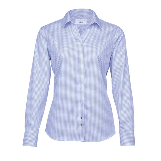 A women's button-up shirt in blue and white check pattern, featuring long sleeves and a collar. It has a logo.