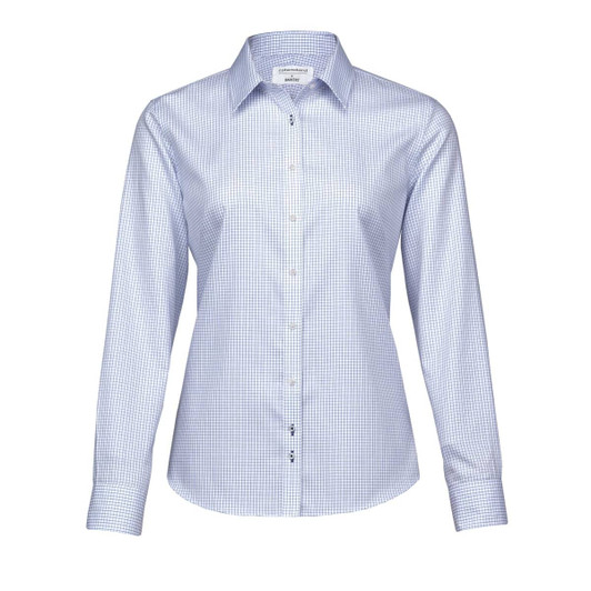 A women's button-up shirt in a blue and white check pattern, featuring long sleeves and a collar.
