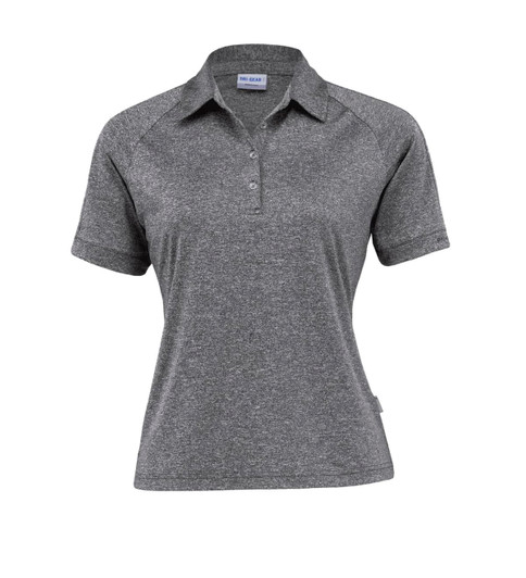 A women's grey melange polo shirt with a collar and a logo on the side.