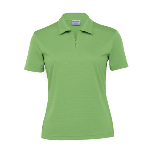 A short-sleeved women's polo shirt in light green with a zip-neck design and a logo on the chest.
