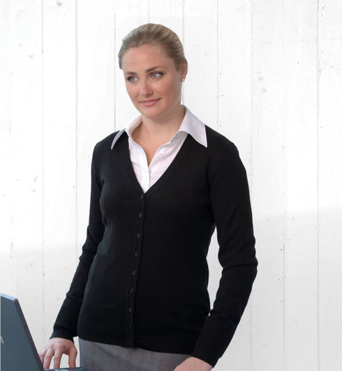 A black Merino cardigan for women, featuring a V-neck and button-down front, displayed against a light wooden background.