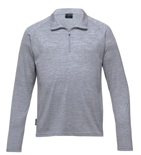 A grey Merino zip pullover for women with long sleeves and a quarter zip at the collar, featuring a small logo.