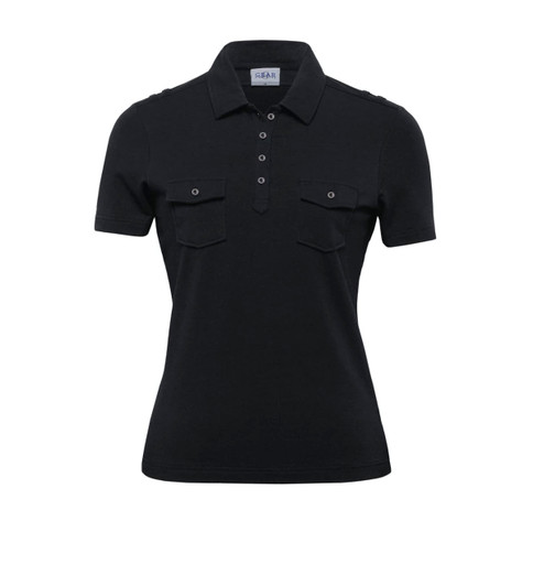 A black women's polo shirt featuring a collared neck and two chest pockets, with a logo on the label.