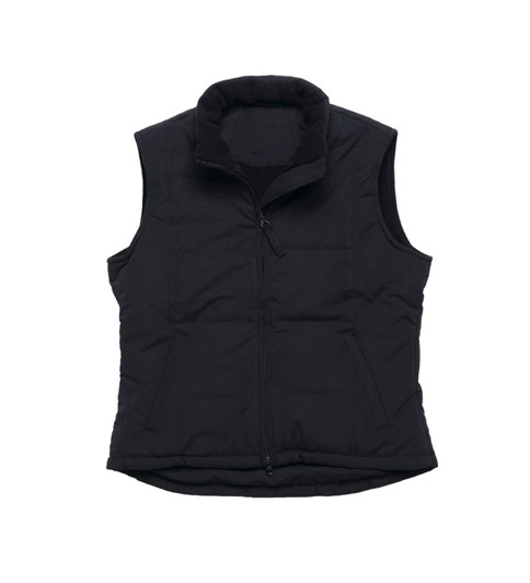 A black women's vest with a zip front and high collar, featuring a logo. Ideal for layering in cooler weather.