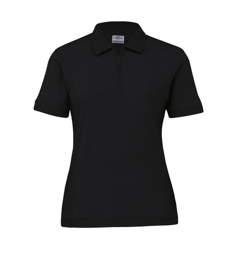 A women's polo shirt in black featuring a collar and a half-zip design. It has a logo on the front.