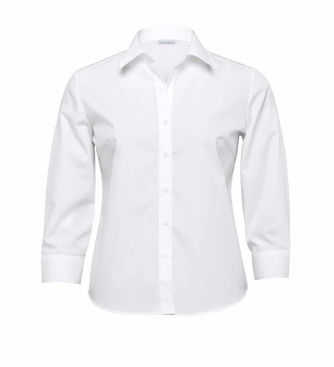 A white women's button-up shirt with long sleeves, featuring a collar and a logo.