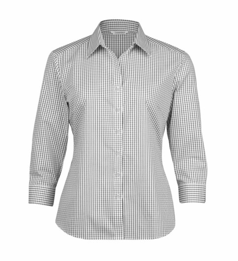 A women's button-up check shirt featuring a black and white gingham pattern and three-quarter sleeves.
