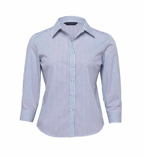 A women's button-up shirt in a blue and white check pattern with long sleeves and a collar. It features a logo.
