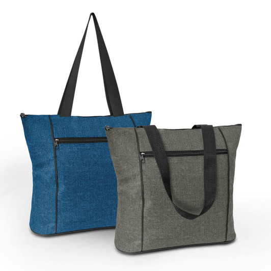 Two tote bags in blue and green, featuring zippered pockets and contrasting black straps. Each bag has a logo.