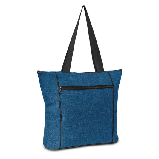 Avenue Elite Tote Bag in blue fabric with black straps and a front zip pocket. Features branding on the bag.
