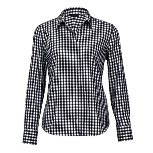 A women's button-up shirt in a black and white check pattern, featuring long sleeves and a collar.