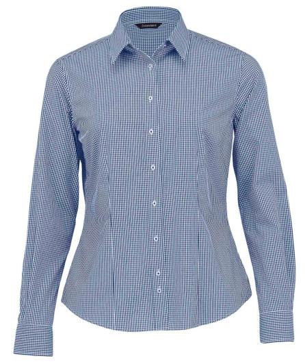 A blue and white checked button-up shirt with a collared neckline and long sleeves, featuring a logo.