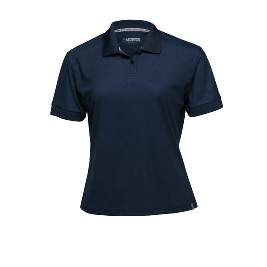 A navy women’s polo shirt with short sleeves and a collar, featuring a logo. Suitable for casual wear.