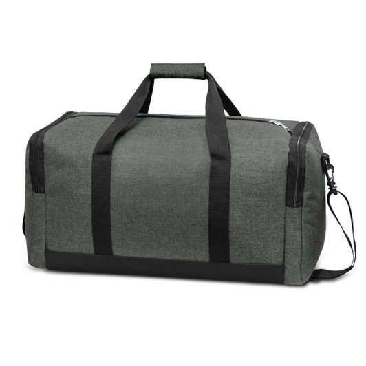 A duffle bag in a textured gray fabric with black accents, featuring sturdy handles and a removable shoulder strap.
