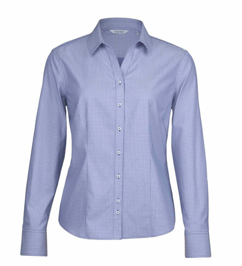 A women's button-up shirt in a blue and white pattern with long sleeves and a collared neckline.