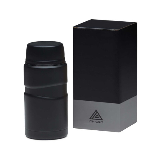 A black 750ml food jar with a sleek design, accompanied by a black box featuring a logo.