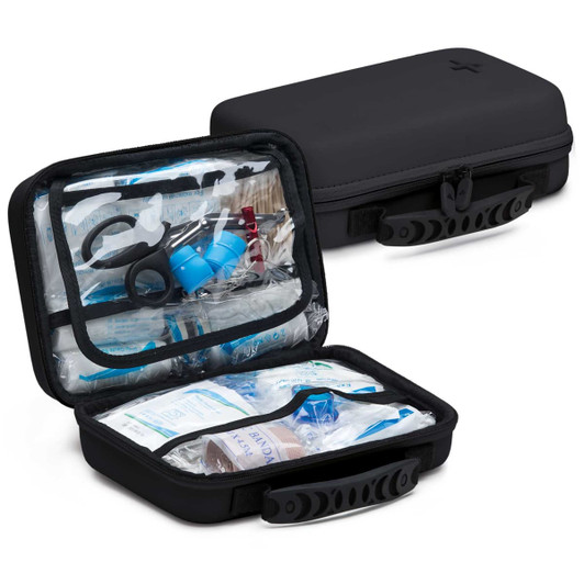 A black first aid kit with various medical supplies visible through a clear compartment. It has a sturdy handle.