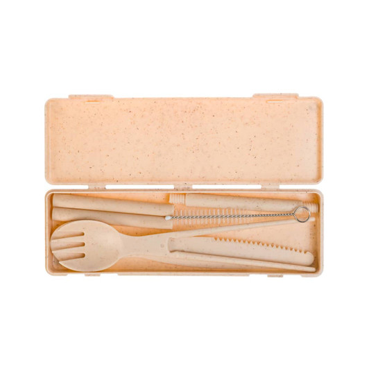 A Ramen Cutlery Set featuring a spoon, fork, and a cleaning brush, all housed in a compact case.