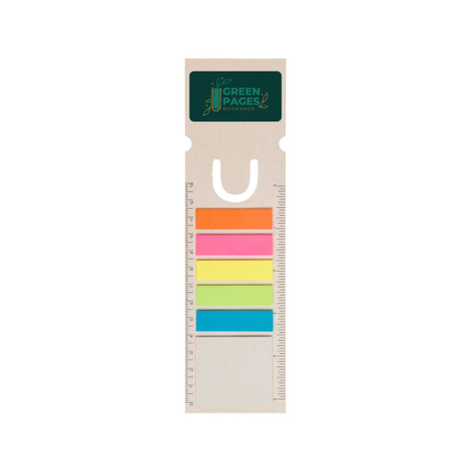 A rectangular bookmark with a ruler, featuring five colourful sticky tabs in pink, yellow, green, and blue, and a logo.