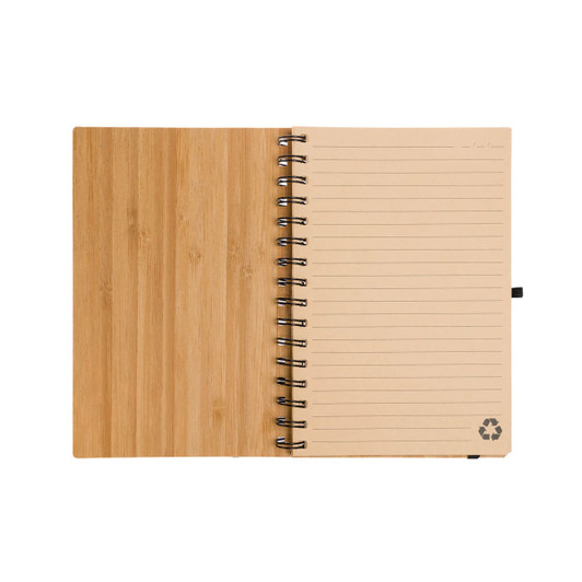 An A5 spiral notebook with a bamboo cover and lined pages, featuring a recycling logo at the bottom.