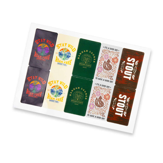 A sticker sheet featuring various designs in vibrant colours, including green, yellow, and red, with multiple logos.