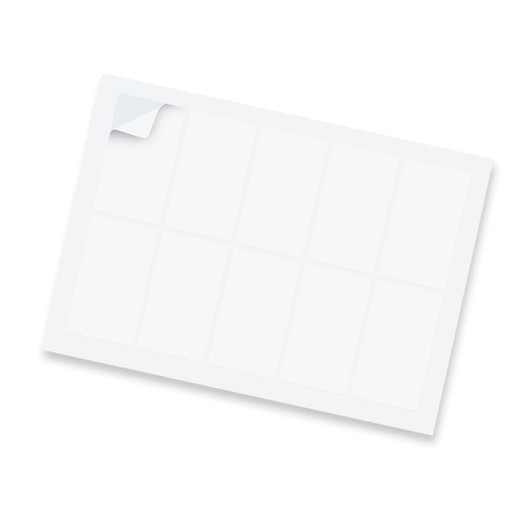 A rectangular sticker sheet, 88x50mm, featuring a glossy finish with multiple blank rectangles and a curled corner.