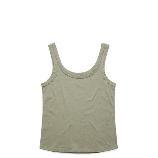 A soft green singlet with a rounded neckline and wide straps, featuring a logo.