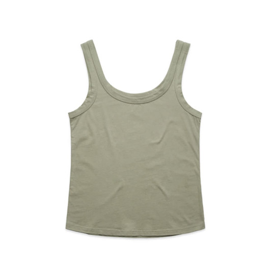 A green singlet with a scoop neck and shoulder straps. The fabric appears soft and smooth, featuring a branding logo.