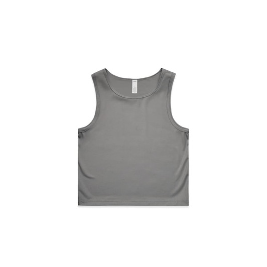 A grey active crop tank top with a simple design and a tag visible at the neckline. Features a logo.