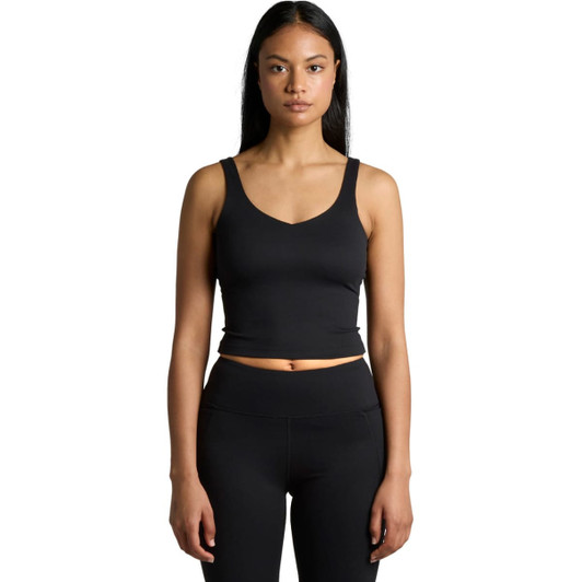 A black active bra tank with a fitted design, featuring a v-neckline and thin straps.