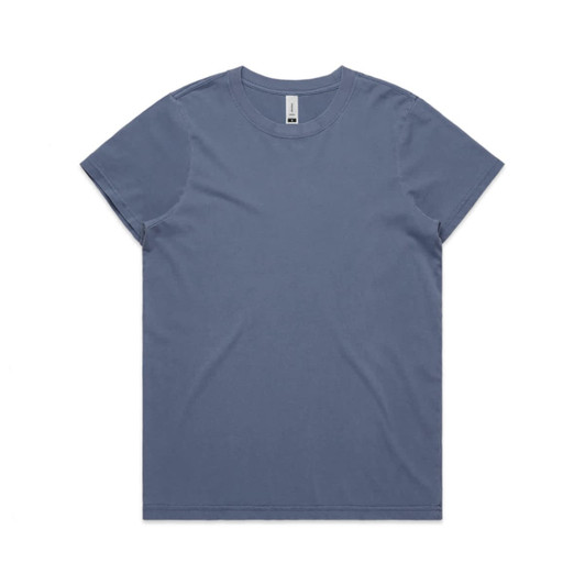 A blue T-shirt featuring a crew neck and short sleeves, with a small logo on the label.