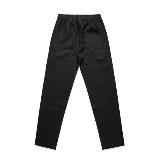 Black linen pants with a relaxed fit and an elastic waistband, featuring two back pockets.