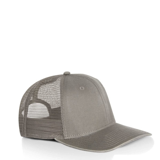 A grey trucker cap with a mesh back and a solid front panel, featuring a logo on the front.