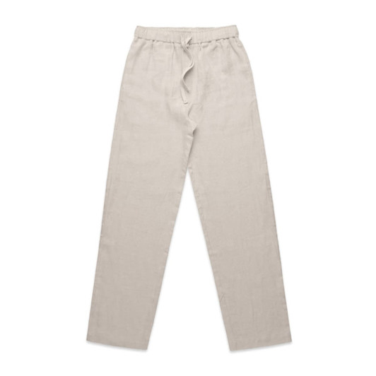 A pair of light beige linen pants with an elastic waistband and drawstring detail, featuring a simple design.