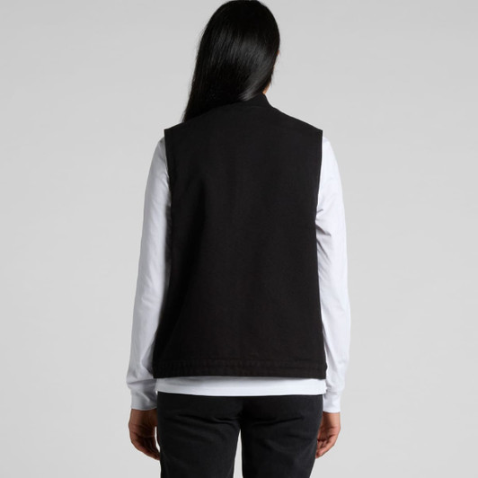 A black heavy canvas vest with a simple design, featuring a back view and no visible logos.