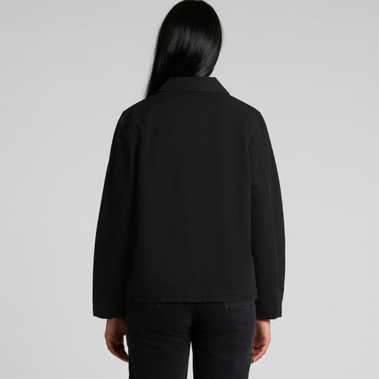 A black canvas chore jacket displayed from the back, featuring a collared neckline and a subtle logo.