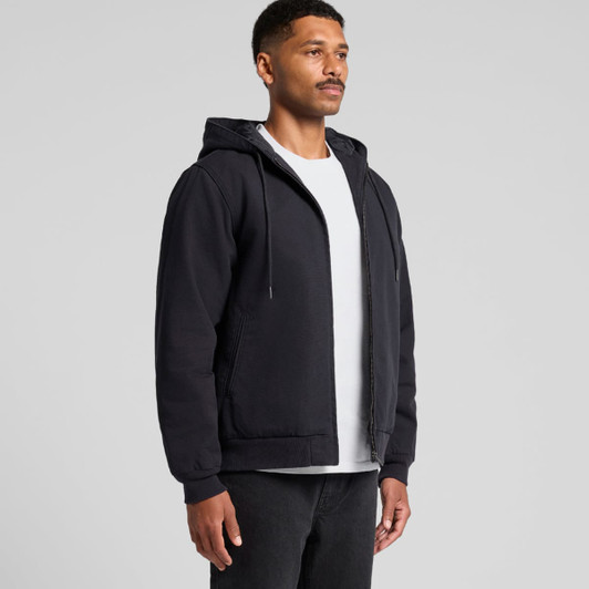A black bomber hood jacket with a front zip, shown on a model from the side, featuring a hood and pockets.