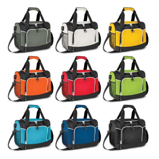 A range of Antarctica Cooler Bags in various colours: grey, white, yellow, orange, red, green, and blue. Each bag has a logo.