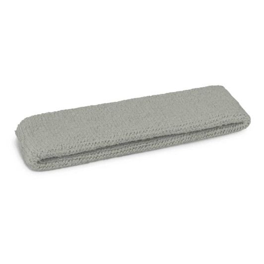 A grey head sweat band made of soft fabric, folded neatly. It features a logo.