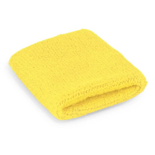 A bright yellow wrist sweat band with textured fabric, folded and displayed flat. Features a simple design.
