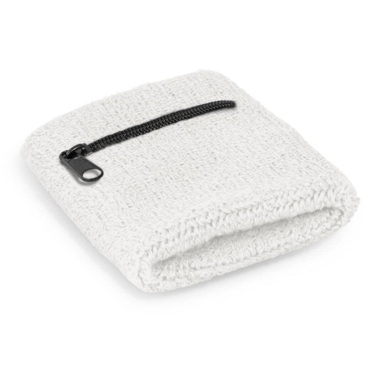 A white wrist sweat band with a small zippered pocket, featuring a textured fabric design.