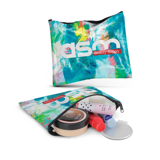 A small cosmetic bag in vibrant blue and green, featuring a logo, filled with various beauty products.