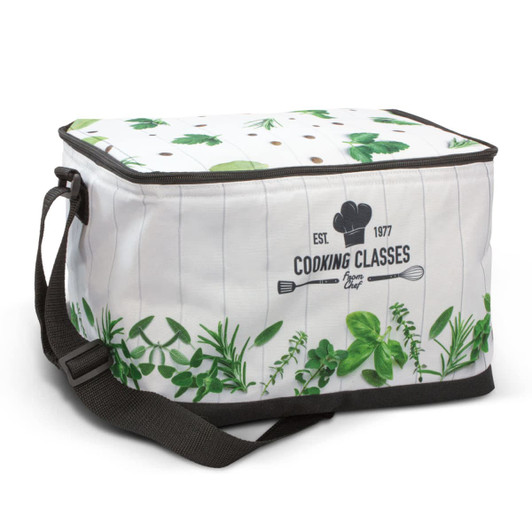 A large, full-colour cooler bag featuring a white background with green foliage design and a logo. It has a shoulder strap.