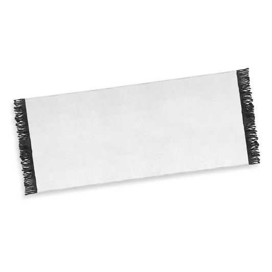 A white beach towel with black fringed edges, featuring a logo or branding. Ideal for leisure and outdoor use.