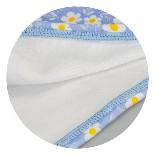 A hair towel featuring a floral pattern in blue and yellow with a soft white interior, edged with light blue stitching.