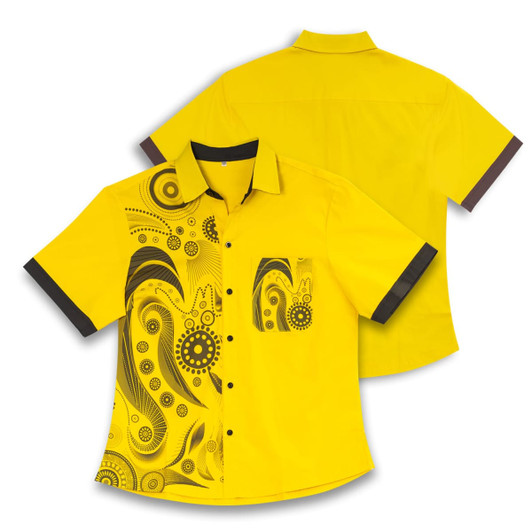 A bright yellow women's shirt with a patterned design on the front and black accents on the sleeves and collar.