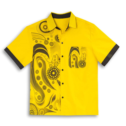 A yellow button-up shirt featuring a black and yellow abstract design on the front and a matching pocket, with a logo.